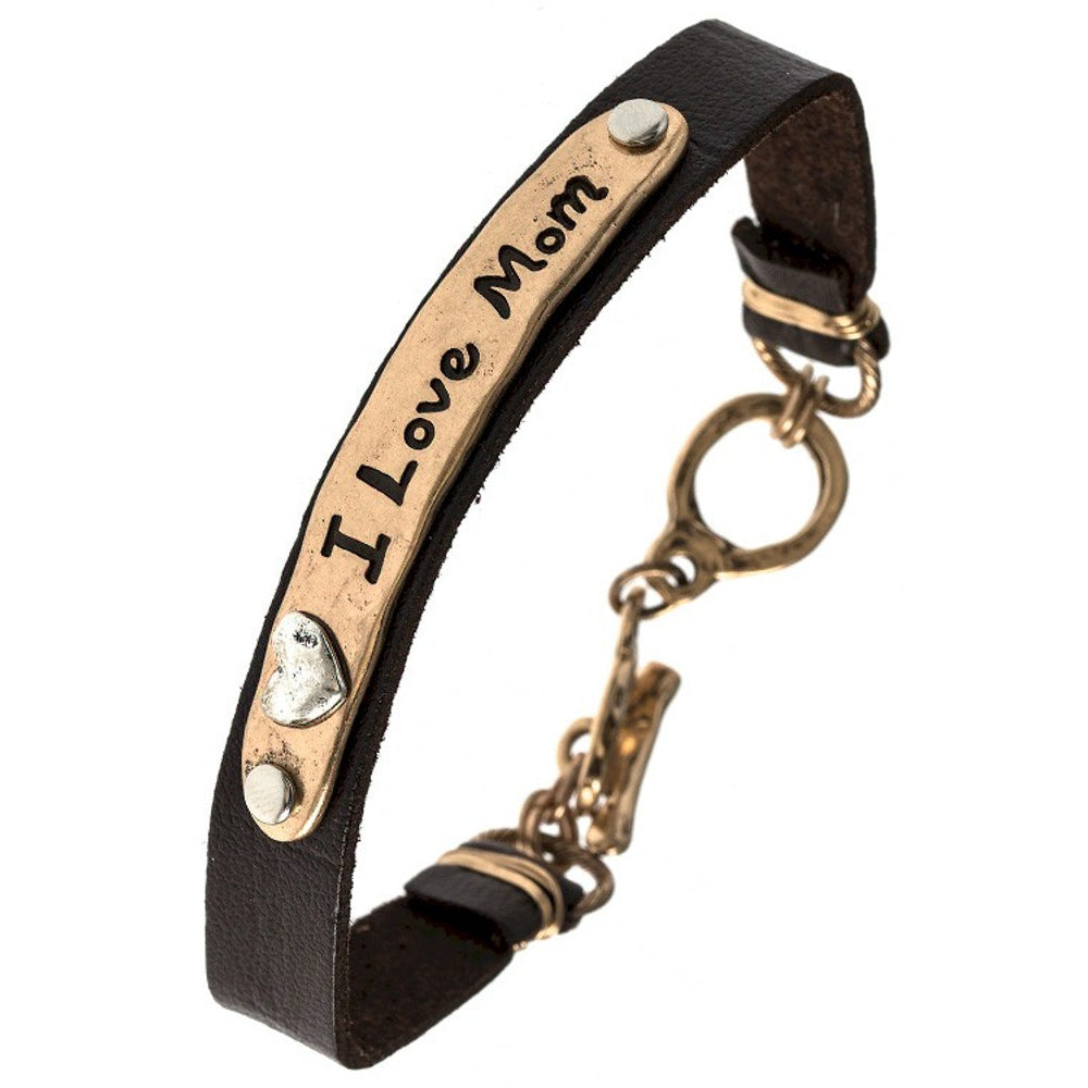 I Love Mom Faux Leather Bracelet – Gold/Brown