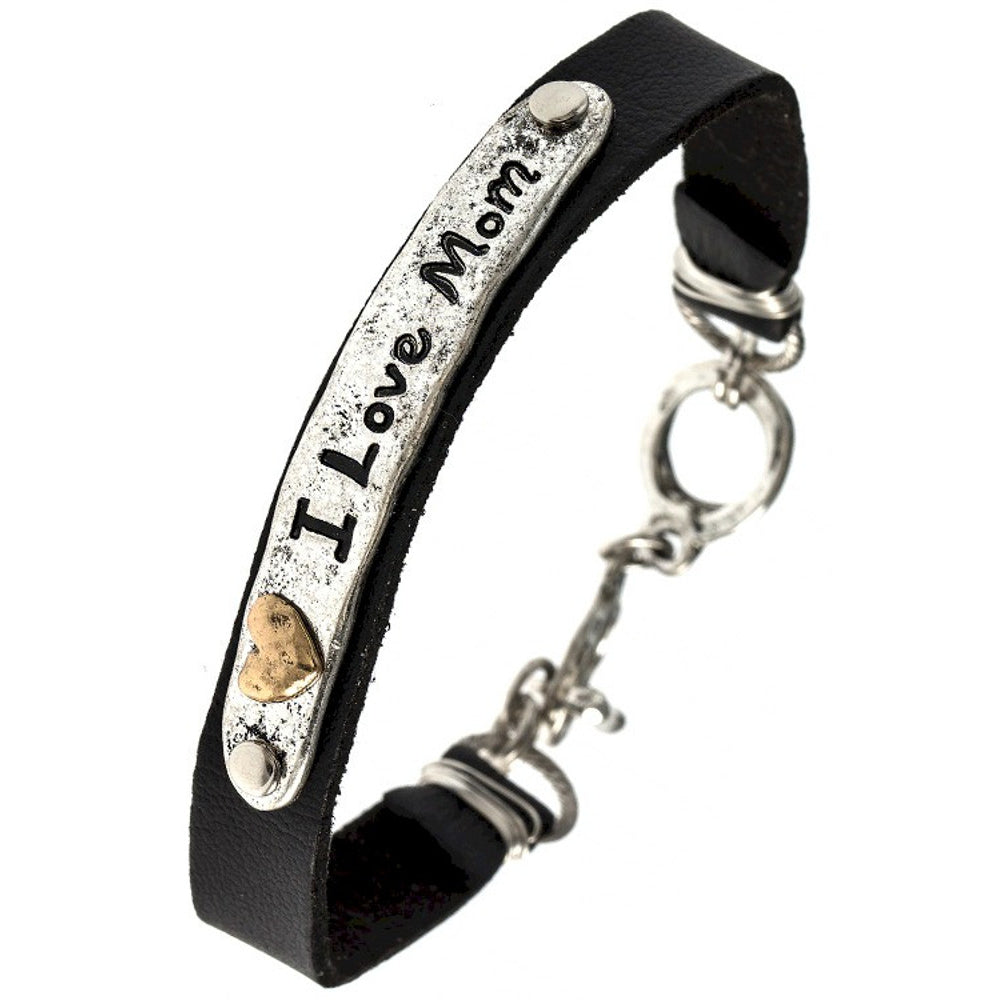 I Love Mom Faux Leather Bracelet – Silver/Black